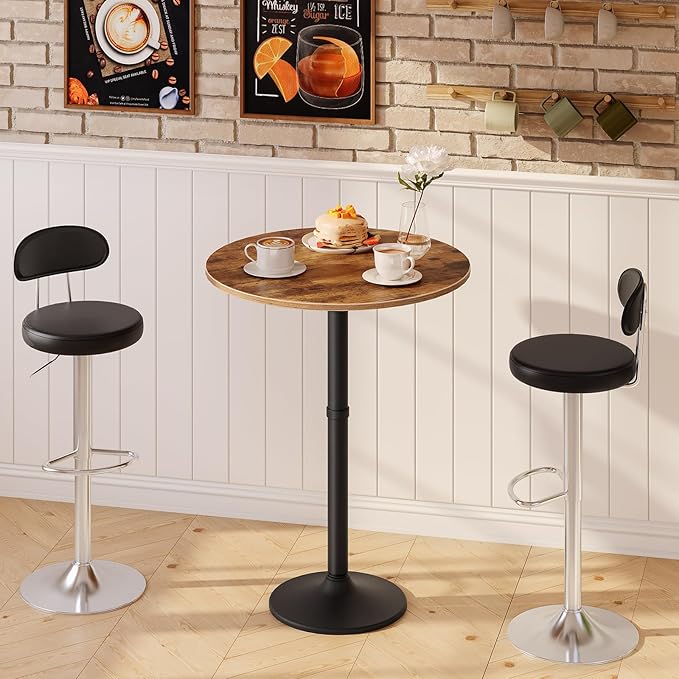 HOOBRO Round Bar Table, 35" Tall Pub Table, Cocktail Table with Base, Stable Counter Table with Non-Slip Base for Narrow Space, Bar Height Table for Kitchen, Easy to Assemble, Rustic Brown BF57BT01 - LeafyLoom