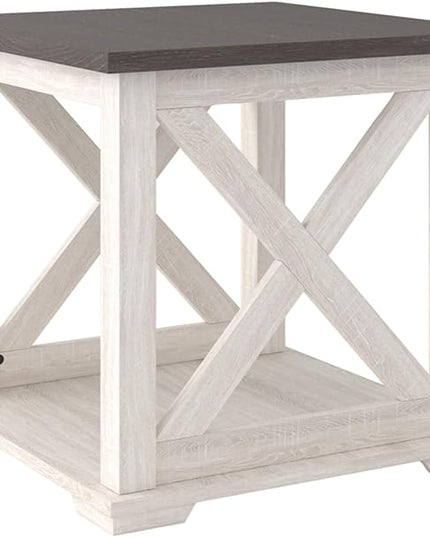 Signature Design by Ashley Dorrinson Modern Farmhouse 47" Home Office Desk with 2 Drawers, Whitewash & Dorrinson Square Modern Farmhouse End Table, Two Tone White & Brown - LeafyLoom