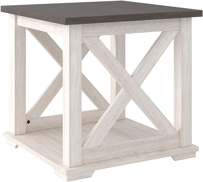 Signature Design by Ashley Dorrinson Modern Farmhouse 47" Home Office Desk with 2 Drawers, Whitewash & Dorrinson Square Modern Farmhouse End Table, Two Tone White & Brown - LeafyLoom