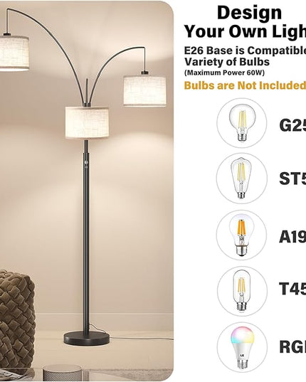SUNMORY 3 Lights Floor Lamp for Living Room, 78" Tall Standing Lamp with Hanging Drum Shade, Modern Arc Floor Lamps with Heavy Base, Mid Century Arched Tree Floor Lamp for Bedroom, Office, Corner - LeafyLoom