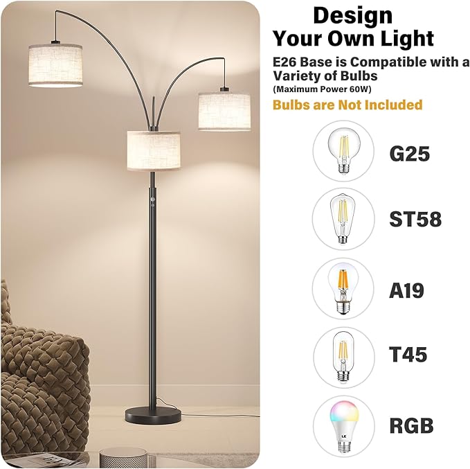 SUNMORY 3 Lights Floor Lamp for Living Room, 78" Tall Standing Lamp with Hanging Drum Shade, Modern Arc Floor Lamps with Heavy Base, Mid Century Arched Tree Floor Lamp for Bedroom, Office, Corner - LeafyLoom