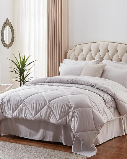 NexHome Queen Comforter Set, 7-Pieces Light Grey Bed in a Bag Queen Size Reversible Comforter All Season Soft Bedding Sets with Comforter, Flat Sheet, Fitted Sheet, Pillowcases & Shams - LeafyLoom