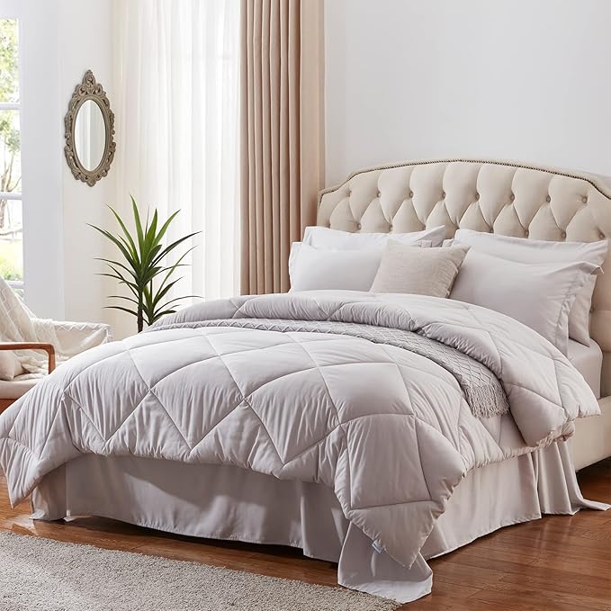 NexHome Queen Comforter Set, 7-Pieces Light Grey Bed in a Bag Queen Size Reversible Comforter All Season Soft Bedding Sets with Comforter, Flat Sheet, Fitted Sheet, Pillowcases & Shams - LeafyLoom