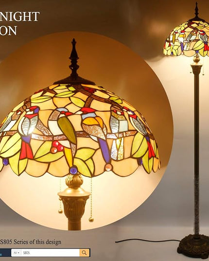 WERFACTORY Tiffany Floor Lamp Double Birds Amber Stained Glass Standing Reading Light 16X16X64 Inches Antique Pole Corner Lamp Decor Bedroom Living Room Home Office S805 Series - LeafyLoom