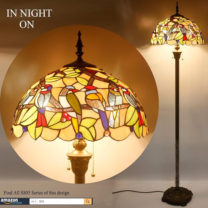 WERFACTORY Tiffany Floor Lamp Double Birds Amber Stained Glass Standing Reading Light 16X16X64 Inches Antique Pole Corner Lamp Decor Bedroom Living Room Home Office S805 Series - LeafyLoom