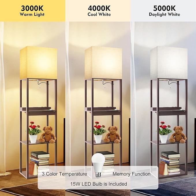 RUNTOP Floor Lamp with Shelves, Modern Standing Lamp with Wireless Charger, 1 Drawer and 2 USB Ports & 2 Power Outlet, 15W LED Bulb 3 Colors, Memory Function, Shelf Lamp for Living Room and Bedroom - LeafyLoom