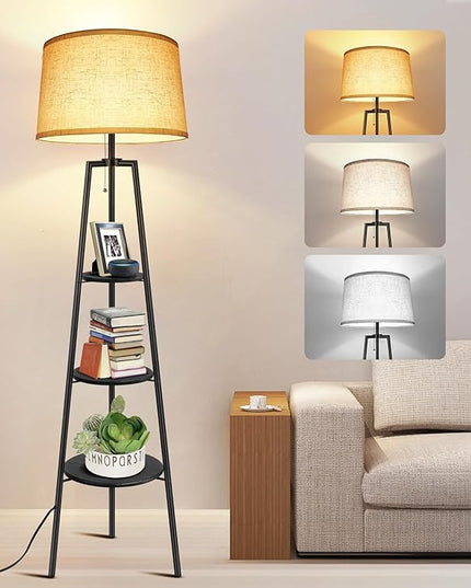 OUTON Tripod Floor Lamp with Shelves, Modern Shelf Floor Lamp with 3 Color Temperatures, Memory Function, Standing Tall Lamp with White Linen Texture Shade for Living Room, Bedroom, Office, Black - LeafyLoom