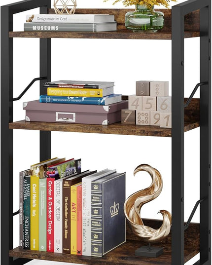 Book Shelf Small Bookshelf: 3-Tier Wood Bookcase Industrial Bookshelf with Edge Protection Metal Narrow Bookshelves Storage Organizer Display Rack for Bedroom Home Office (Rustic Brown) - LeafyLoom