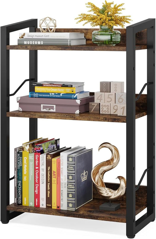 Book Shelf Small Bookshelf: 3-Tier Wood Bookcase Industrial Bookshelf with Edge Protection Metal Narrow Bookshelves Storage Organizer Display Rack for Bedroom Home Office (Rustic Brown) - LeafyLoom