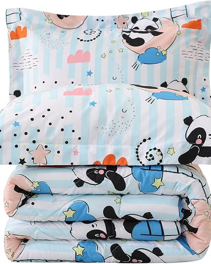 JSD Cute Panda Kids Comforter Set, 3 Pieces Queen Microfiber Comforter with Pillow Sham, Soft Comfortable Machine Washable - LeafyLoom