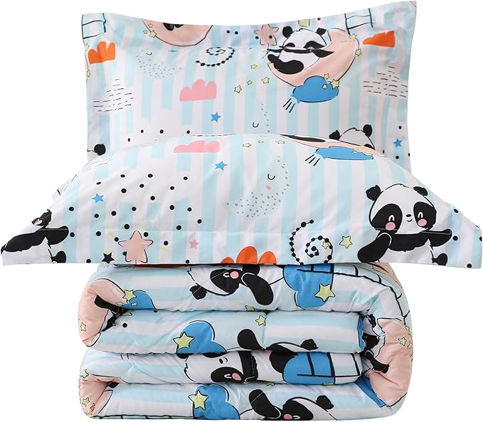JSD Cute Panda Kids Comforter Set, 3 Pieces Queen Microfiber Comforter with Pillow Sham, Soft Comfortable Machine Washable - LeafyLoom