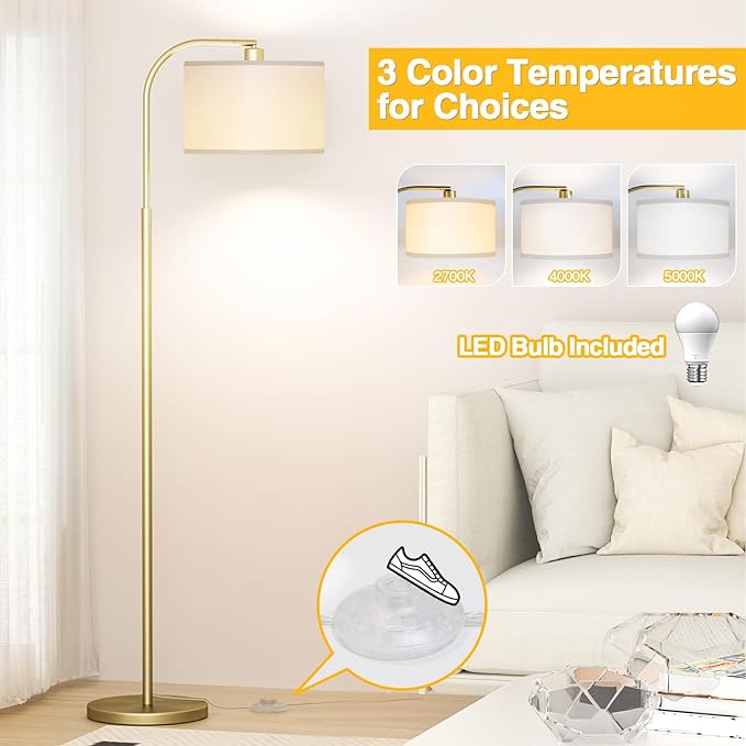 Arc Floor Lamps for Living Room with 3 Color Temperatures, Modern Floor Lamp Reading Light with 9W Bulb Included, Standing Lamp with Adjustable White Hanging ‎Lampshade for Bedroom Office(Gold) - LeafyLoom