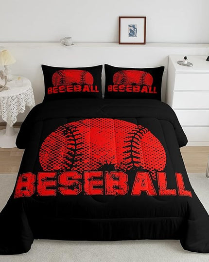 Erosebridal Kids Baseball King Size Bedding Set Red Black Sports Comforter Set for Boys Girls Teen,Reversible Black Quilt Comforter Soft Lightweight for All Season,1 Comforter and 2 Pillow Cases - LeafyLoom