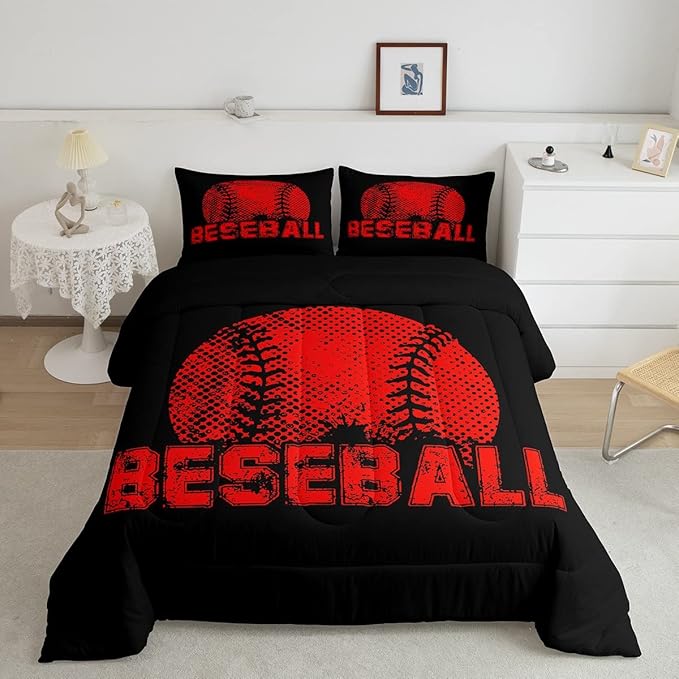 Erosebridal Kids Baseball King Size Bedding Set Red Black Sports Comforter Set for Boys Girls Teen,Reversible Black Quilt Comforter Soft Lightweight for All Season,1 Comforter and 2 Pillow Cases - LeafyLoom