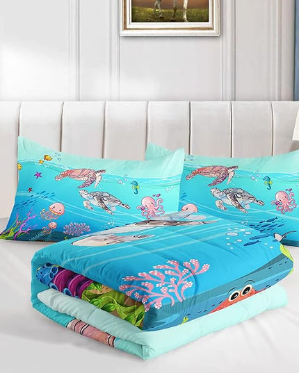 Turtle Comforter Set Full Ocean Watercolor Sea Turtle Bedding Set Tropical Fish Marine Life Bed Set with 2 Pillowcases for Kids Room Decor - LeafyLoom