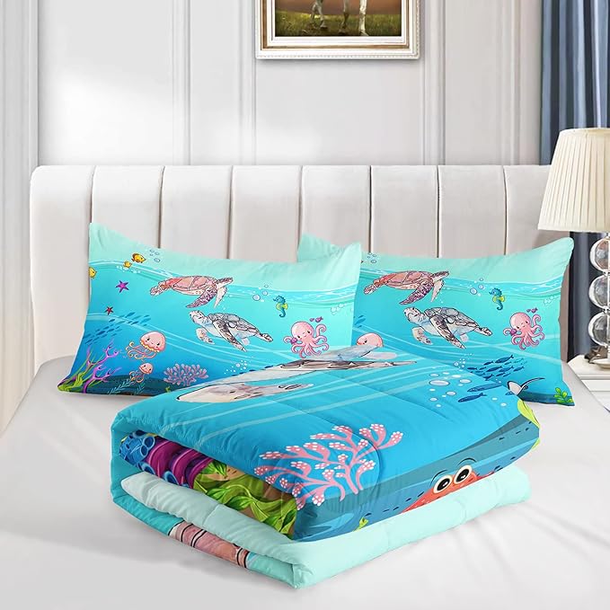 Turtle Comforter Set Full Ocean Watercolor Sea Turtle Bedding Set Tropical Fish Marine Life Bed Set with 2 Pillowcases for Kids Room Decor - LeafyLoom
