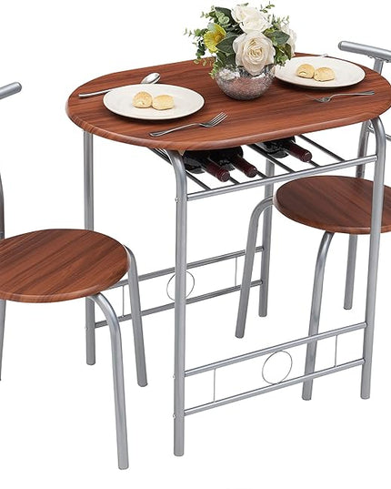 VECELO 3-Piece Dining Table Set for Kitchen Breakfast Nook, Wood Grain Oval Tabletop and Metal Frame with Built-in Wine Rack, for Small Spaces, 31.5", Brown & Silver - LeafyLoom