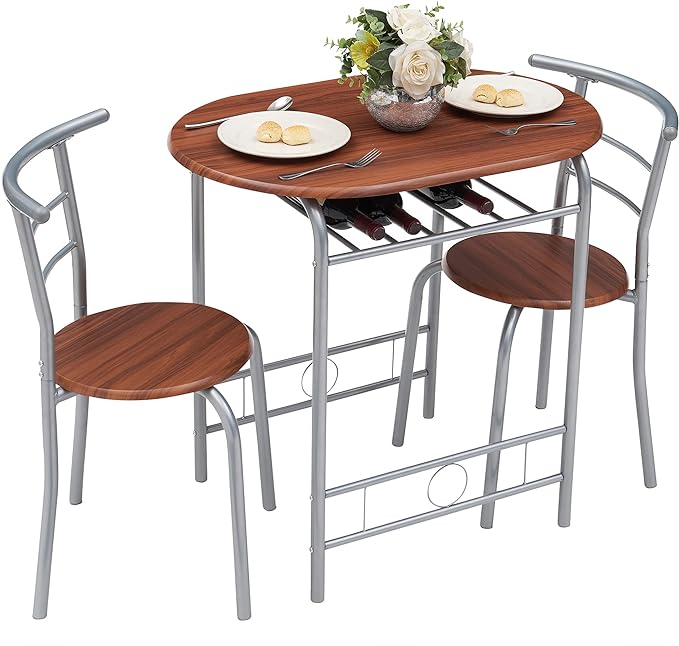 VECELO 3-Piece Dining Table Set for Kitchen Breakfast Nook, Wood Grain Oval Tabletop and Metal Frame with Built-in Wine Rack, for Small Spaces, 31.5", Brown & Silver - LeafyLoom