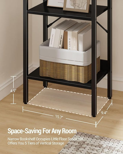 Bookshelf, Book Shelf, Industrial Bookcase with 2 Hooks, Coner Shelf Storage Organizer for Home Office, Living Room, Bedroom, Kitchen, 5-Tier Black BC10504B - LeafyLoom
