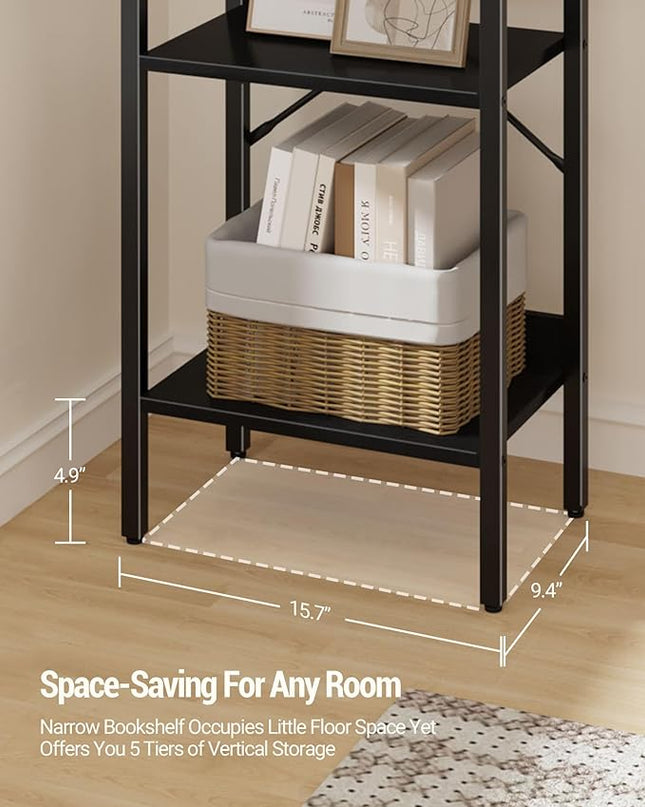 Bookshelf, Book Shelf, Industrial Bookcase with 2 Hooks, Coner Shelf Storage Organizer for Home Office, Living Room, Bedroom, Kitchen, 5-Tier Black BC10504B - LeafyLoom