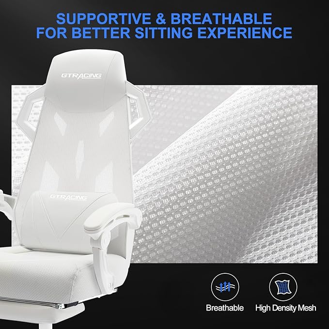 GTRACING Gaming Chair, Computer Chair with Mesh Back, Ergonomic Gaming Chair with Footrest, Reclining Gamer Chair with Adjustable Headrest and Lumbar Support for Gaming and Office (White) - LeafyLoom