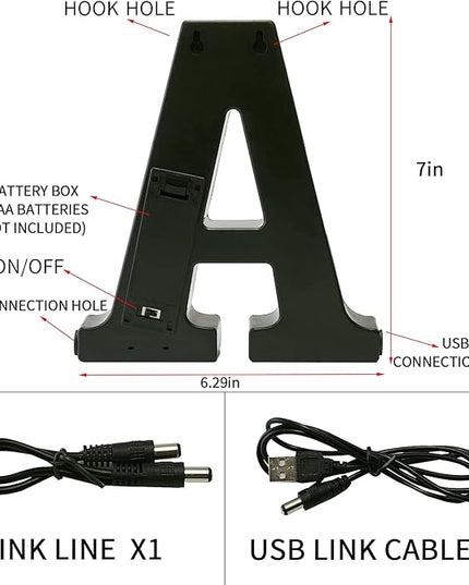 LED Marquee Letter Lights-DIY Marquee Lights up Letter Signs, Dual DC Interface Upgrade Multi-Letter Connection, 26 Alphabet Signs for Wedding, Birthday, Party， Bar Decoration (A) - LeafyLoom