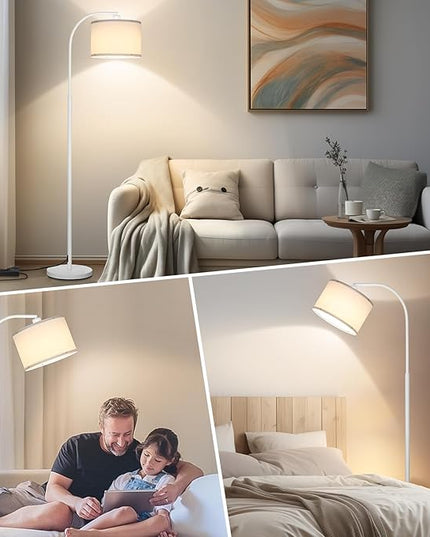 Floor lamps for Living Room, White Arc Floor Lamp with Stepless Dimmer, Modern Standing Lamp with Adjustable Drum Shade, Tall Pole Lamp for Bedroom Study Room Office, 9W 3000K LED Bulb Included - LeafyLoom