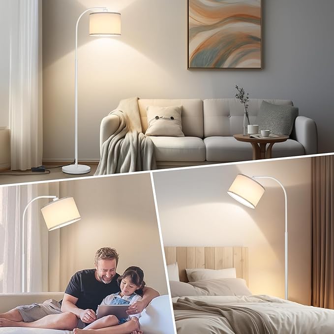 Floor lamps for Living Room, White Arc Floor Lamp with Stepless Dimmer, Modern Standing Lamp with Adjustable Drum Shade, Tall Pole Lamp for Bedroom Study Room Office, 9W 3000K LED Bulb Included - LeafyLoom