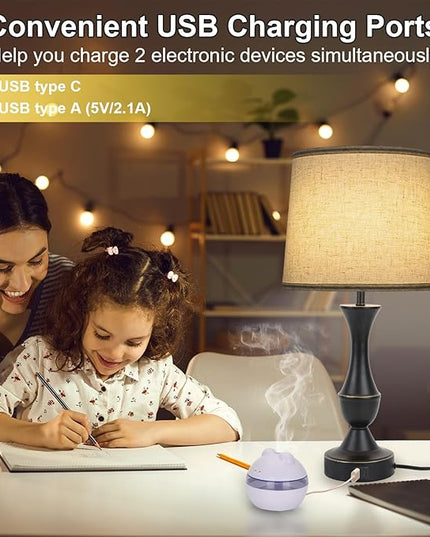 Touch Lamps for Bedrooms Set of 2, Farmhouse Table Lamp with USB C Charging Port, 3 Way Dimmable Nightstand Lamps with Linen Fabric Lampshade for Bedroom, Living Room (Pack2-Black) - LeafyLoom