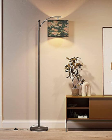 Modern Arc Floor Lamp with Dimmer Mid Century Seamless Vintage Rose Navy Metal Standing Lamp with Linen Shade Footswitch for Living Room Bedroom Office - LeafyLoom
