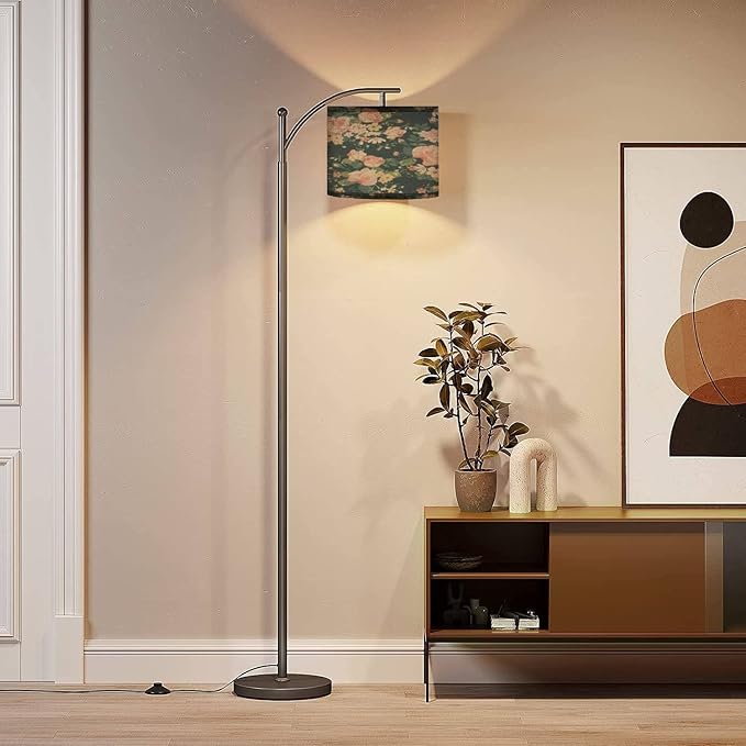 Modern Arc Floor Lamp with Dimmer Mid Century Seamless Vintage Rose Navy Metal Standing Lamp with Linen Shade Footswitch for Living Room Bedroom Office - LeafyLoom