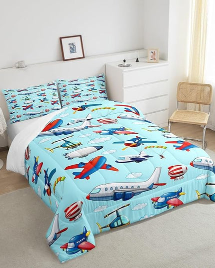 Kids Aircraft Comforter Set Boys Cartoon Airplane Print Comforter Helicopter Flying Plane Bedding Set for Children Girls Travel Decor Duvet Set Cute Colorful Planes Room Decor Queen Size Quilt Set - LeafyLoom