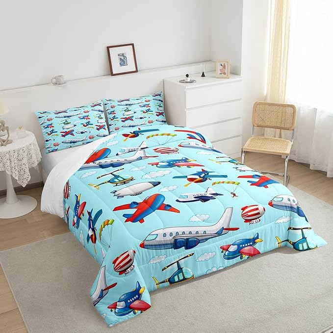 Kids Aircraft Comforter Set Boys Cartoon Airplane Print Comforter Helicopter Flying Plane Bedding Set for Children Girls Travel Decor Duvet Set Cute Colorful Planes Room Decor Queen Size Quilt Set - LeafyLoom
