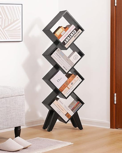 Yoobure Black Bookshelf - Small Book Shelf, 4-Tier Tall Bookcases Book Organizer, Industrial Bookshelves Floor Standing for CDs/Books in Small Spaces, Bedroom, Living Room, Home Office - LeafyLoom