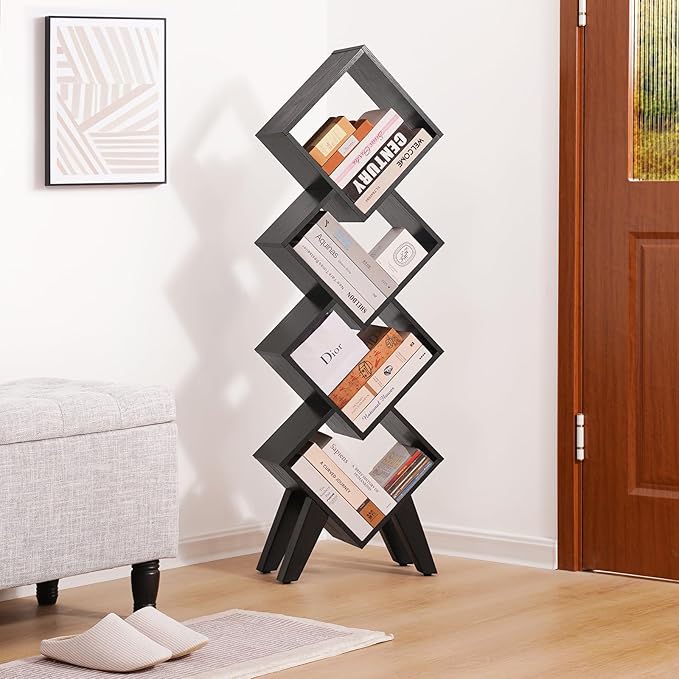 Yoobure Black Bookshelf - Small Book Shelf, 4-Tier Tall Bookcases Book Organizer, Industrial Bookshelves Floor Standing for CDs/Books in Small Spaces, Bedroom, Living Room, Home Office - LeafyLoom