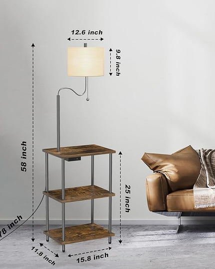 Floor Lamp End Table with Charging Station, Retro Bedside Table with Lamp for Living Room, Small Side Table Nightstand for Bedroom, Floor Lamp with USB Ports Type-C(Bulb Included) - LeafyLoom