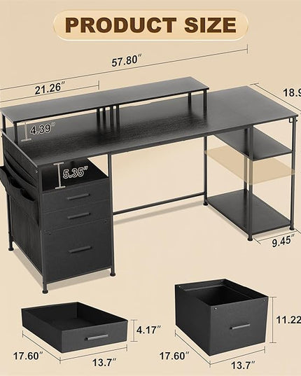 Computer Desk with 3 File Cabinet Drawers, 57.8'' Reversible Gaming Desk, Office Desk with Storage Shelves and Dual Monitor Stand for Home & Office (Black) - LeafyLoom