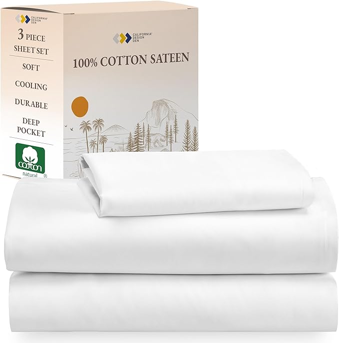 California Design Den Soft 100% Cotton Sheets Twin Size Bed Sheet Set with Deep Pockets, 3 Pc Twin Sheets with Sateen Weave for Dorm Rooms, Cooling Sheets (White) - LeafyLoom