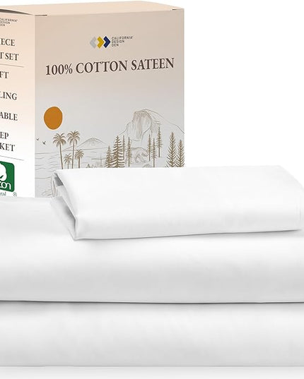 California Design Den Soft 100% Cotton Sheets Twin-XL Bed Sheet Set with Deep Pockets, 3 Pc Extra Long Twin Cooling Sheets with Sateen Weave (White) - LeafyLoom