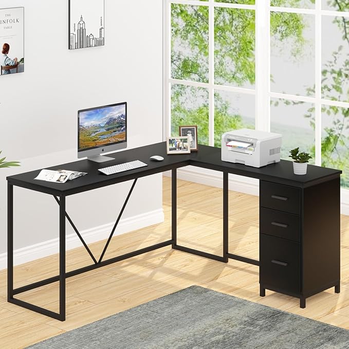 HSH Large Black L Shaped Desk, Corner Wood Computer Desk with Drawer, Modern Work Home Office Desk with Storage Cabinet, Industrial Executive PC Study Writing Desk for Living Bedroom, Black, 59 Inch - LeafyLoom