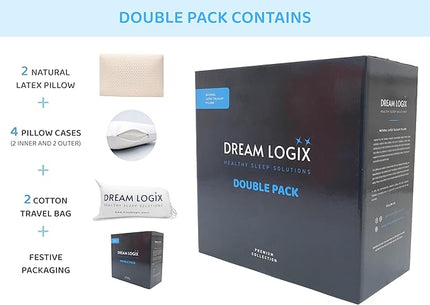 Talalay Natural Latex Foam Pillow DreamLogix - Set of 2 - King Size Medium Soft Pillow for Sleeping, Side & Back Sleepers, Neck Support, 100% Cotton Cover (Medium, King Size 33''x16'') - LeafyLoom