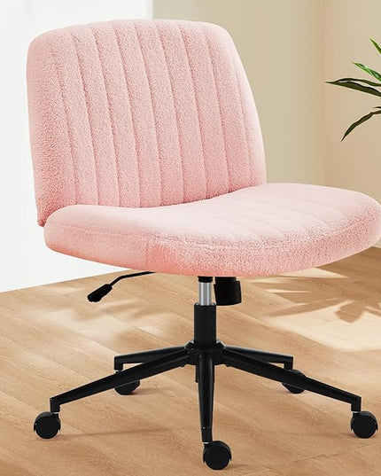 Sweetcrispy Criss Cross Office Chair with Wheels, Wide Armless Home Office Desk Chair with Dual-Purpose Base, Swivel Adjustable Teddy Fabric Task Vanity Computer Chair, Teddy Pink - LeafyLoom