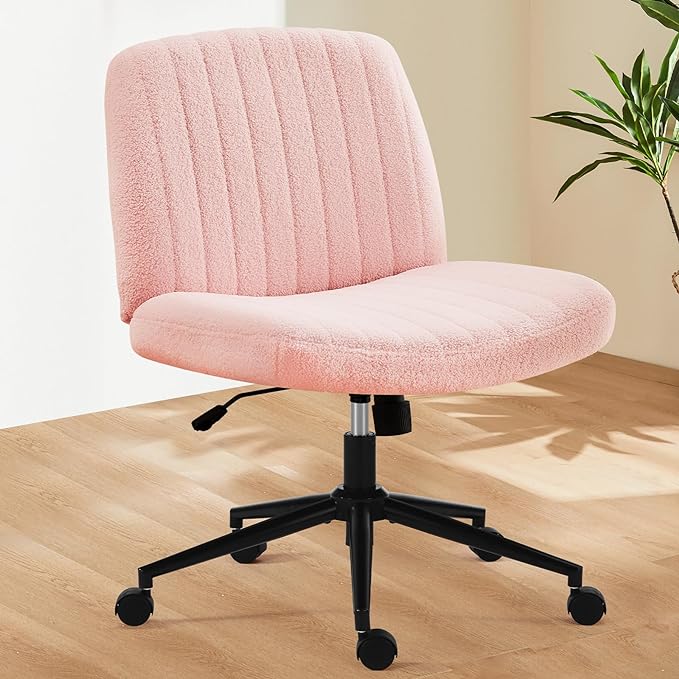 Sweetcrispy Criss Cross Office Chair with Wheels, Wide Armless Home Office Desk Chair with Dual-Purpose Base, Swivel Adjustable Teddy Fabric Task Vanity Computer Chair, Teddy Pink - LeafyLoom