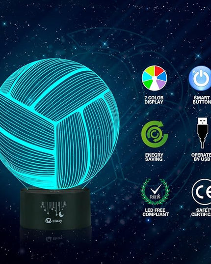 Elstey Volleyball 3D Lamp Optical Illusion Night Light, 7 Color Changing Touch Switch Acrylic Flat & ABS Base & USB Cable Decoration Lamps for Christmas Gift - LeafyLoom