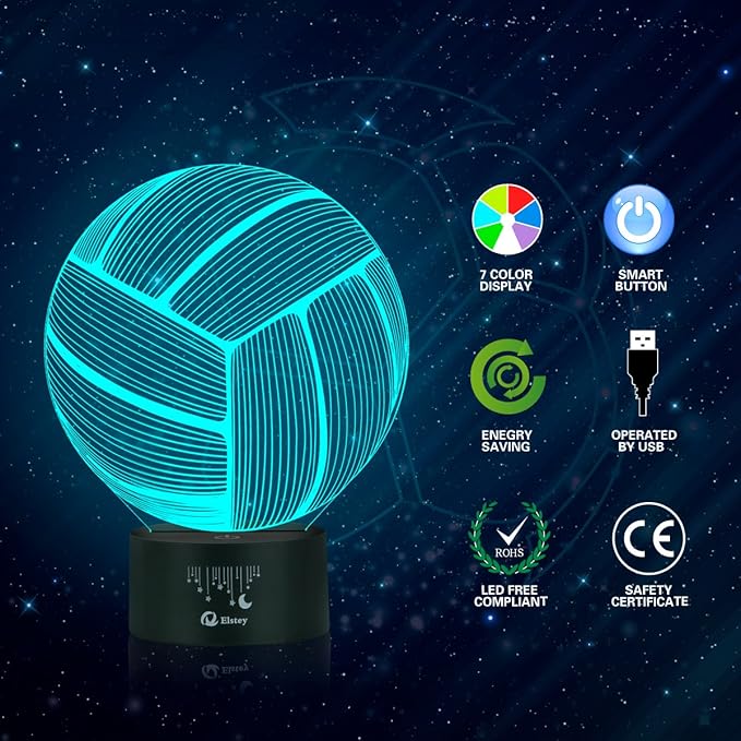 Elstey Volleyball 3D Lamp Optical Illusion Night Light, 7 Color Changing Touch Switch Acrylic Flat & ABS Base & USB Cable Decoration Lamps for Christmas Gift - LeafyLoom