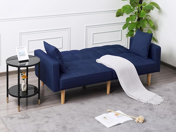 70.9" Modern Folding Sofa Bed Living Room Furniture Sets Futon Couch Convertible Tufted Loveseat with Adjustable Backrest for Lounge Sturdy Wood Legs Fabric Home Recliner Sofá, Blue-4 - LeafyLoom