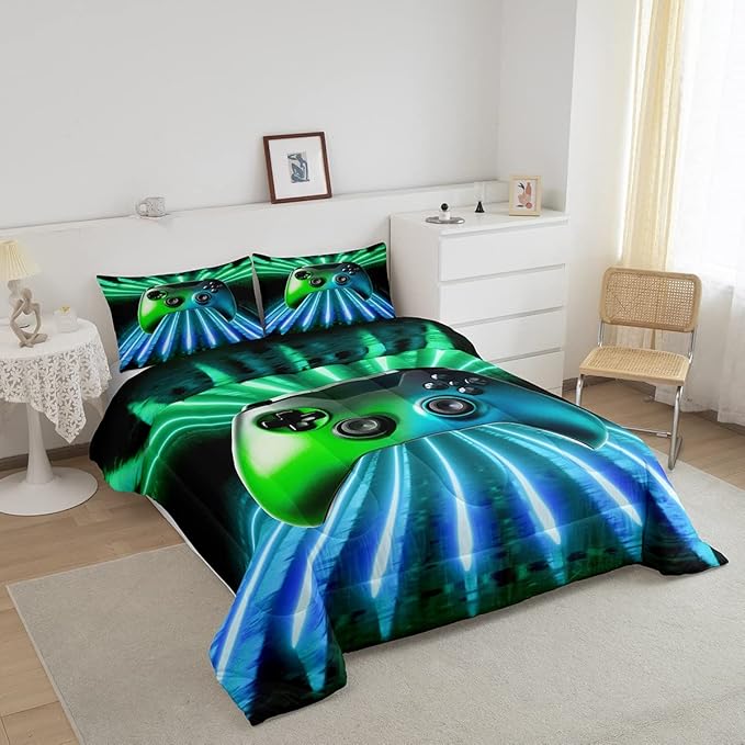 Erosebridal Green Blue Gamepad Comforter Set, Game Player Bedding Set Full Size Modern Gamer Gaming Quilted Duvet Neon Trippy Duvet Set for Kids Boys Girls Teens Young Man Room Decorative - LeafyLoom
