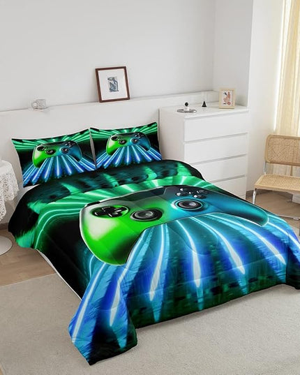 Erosebridal Green Blue Gamepad Comforter Set, Game Player Bedding Set King Size Modern Gamer Gaming Quilted Duvet Neon Trippy Duvet Set for Kids Boys Girls Teens Young Man Room Decorative - LeafyLoom