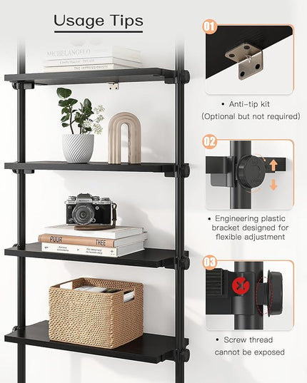 ALLZONE 5 Tiers Narrow Bookshelf, Tall Adjustable Ladder Book Shelf with Open Storage, Floor to Ceiling Tension Mount, Wooden Industrial Bookcase for Living Room, 92 to 116 Inch, Black - LeafyLoom