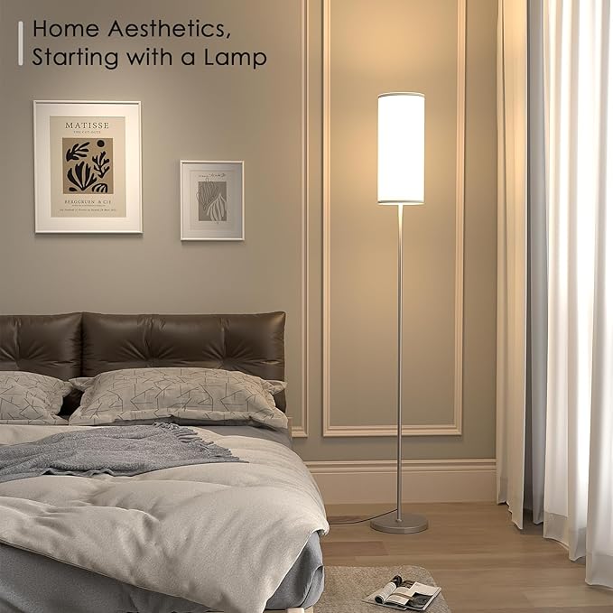 Floor Lamp for Living Room, Modern Standing lamp with Remote Control, Stepless Dimmable 12W Bulb & Beige Lampshade Included, Brushed Nickel Pole Tall Floor Lamp for Bedroom Office - LeafyLoom